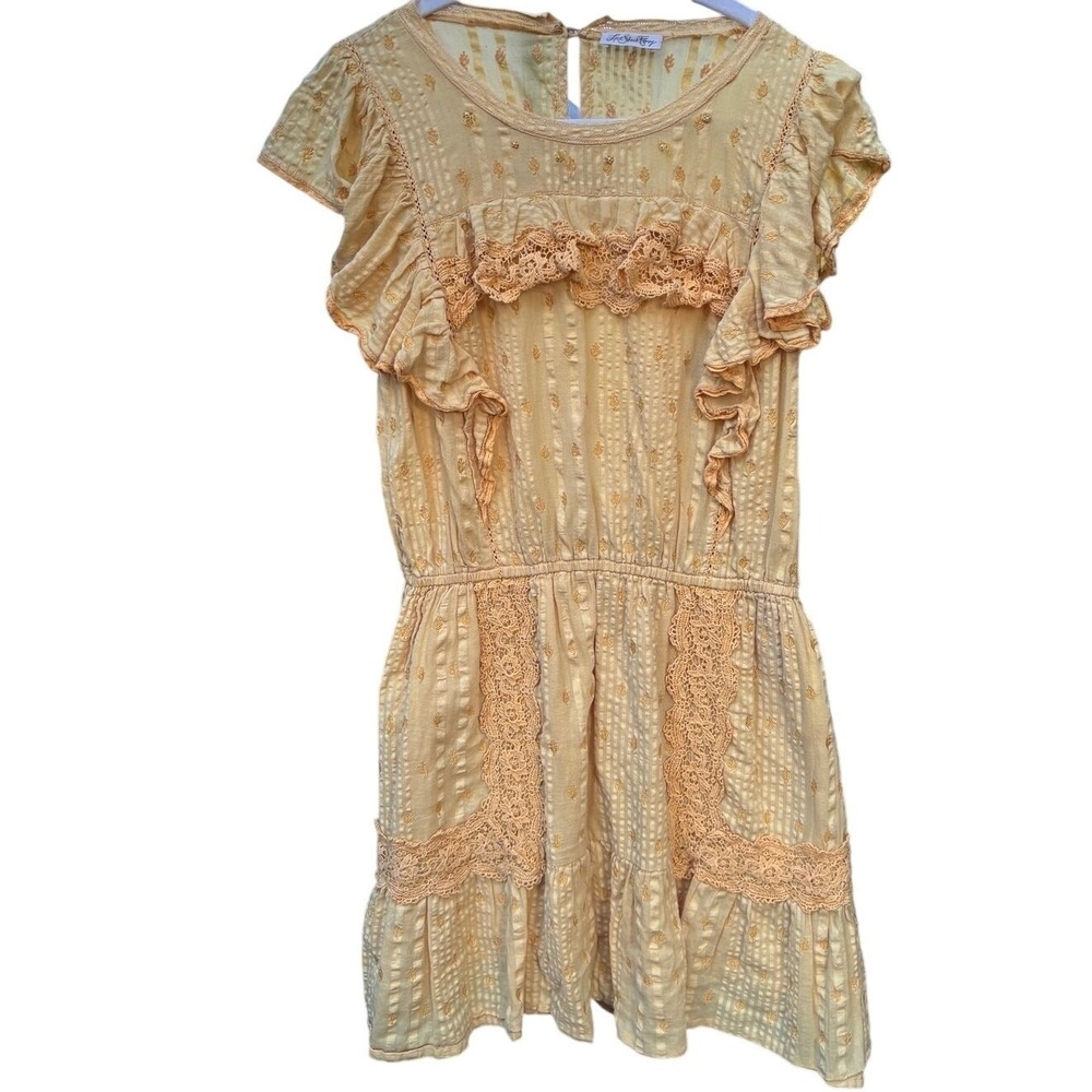 LoveShackFancy Yellow Lace-Trim Mini Dress Cottagecore Flutter Sleeve S boho - Picture 3 of 16